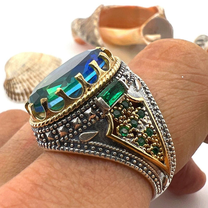 Handcrafted Men's Blue Tourmaline Sterling Silver Ring - Turkish Artisan Jewelry - TryAladdin