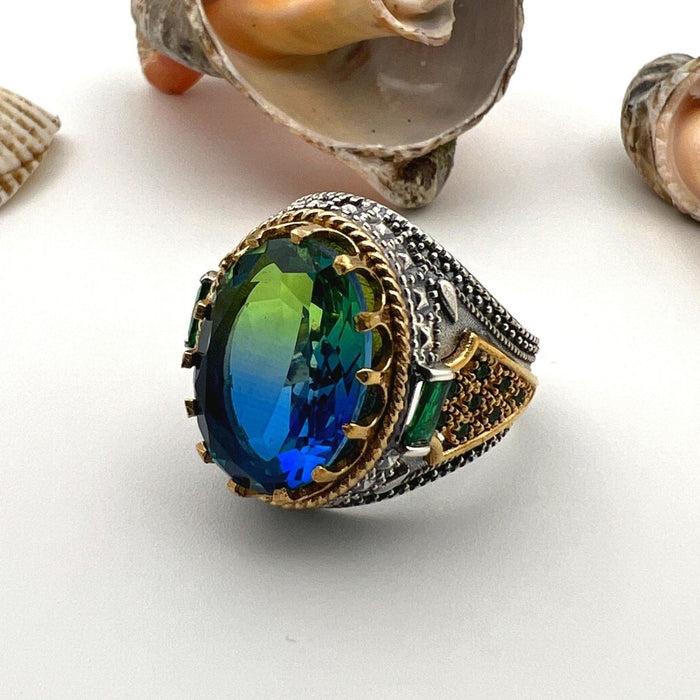 Handcrafted Men's Blue Tourmaline Sterling Silver Ring - Turkish Artisan Jewelry - TryAladdin