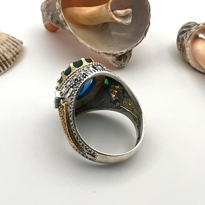 Handcrafted Men's Blue Tourmaline Sterling Silver Ring - Turkish Artisan Jewelry - TryAladdin