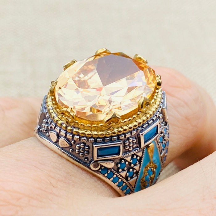 Handcrafted Men's Champagne Citrine 925 Sterling Silver Ring | Turkish Artisan Jewelry