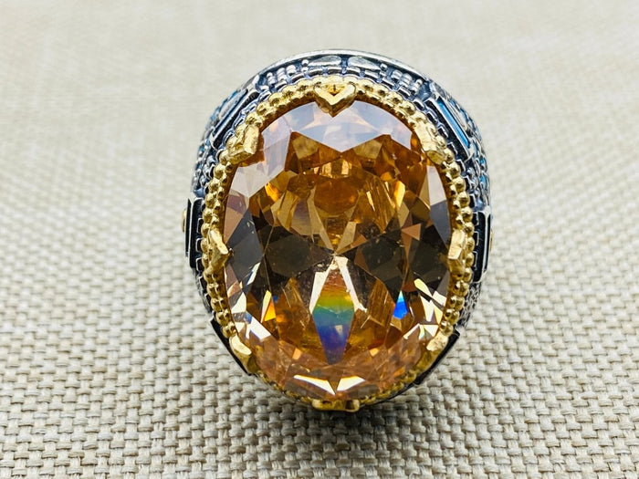 Handcrafted Men's Champagne Citrine 925 Sterling Silver Ring | Turkish Artisan Jewelry - TryAladdin