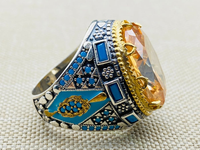 Handcrafted Men's Champagne Citrine 925 Sterling Silver Ring | Turkish Artisan Jewelry - TryAladdin