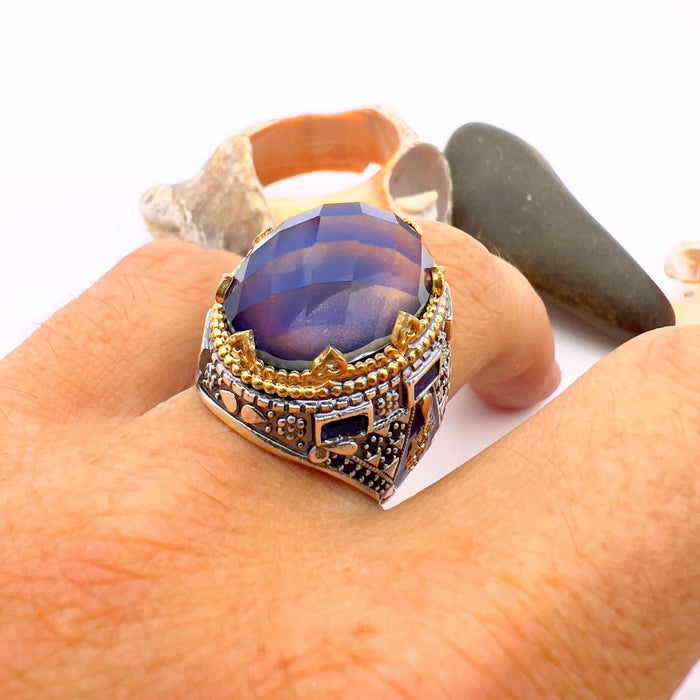 Handcrafted Turkish 925 Sterling Silver Men's Feeling Stone Ring – Dynamic Color-Changing Statement Piece