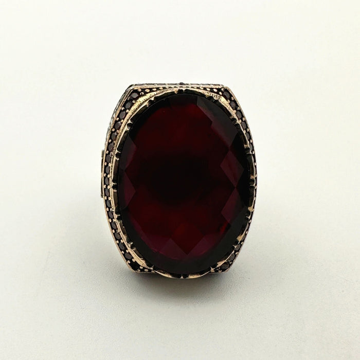 Handmade Men's Red Zircon Stone Silver Ring