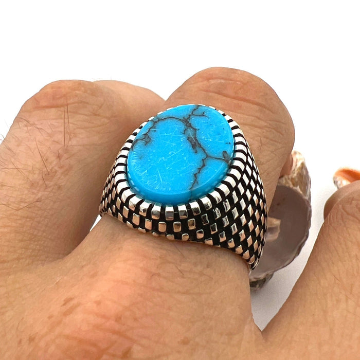 Handmade Men's Sterling Silver Turquoise Ring | Natural Oval Gemstone | Artisan Turkish Jewelry Gift for Him