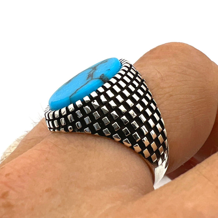 Handmade Men's Sterling Silver Turquoise Ring | Natural Oval Gemstone | Artisan Turkish Jewelry Gift for Him
