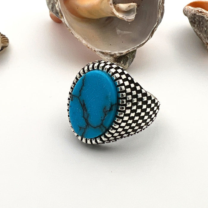 Handmade Men's Sterling Silver Turquoise Ring | Natural Oval Gemstone | Artisan Turkish Jewelry Gift for Him