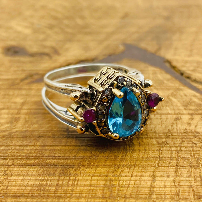 Handmade Reversible Ruby & Aquamarine Ring | 925 Sterling Silver Dual-Style Gemstone Jewelry Gift