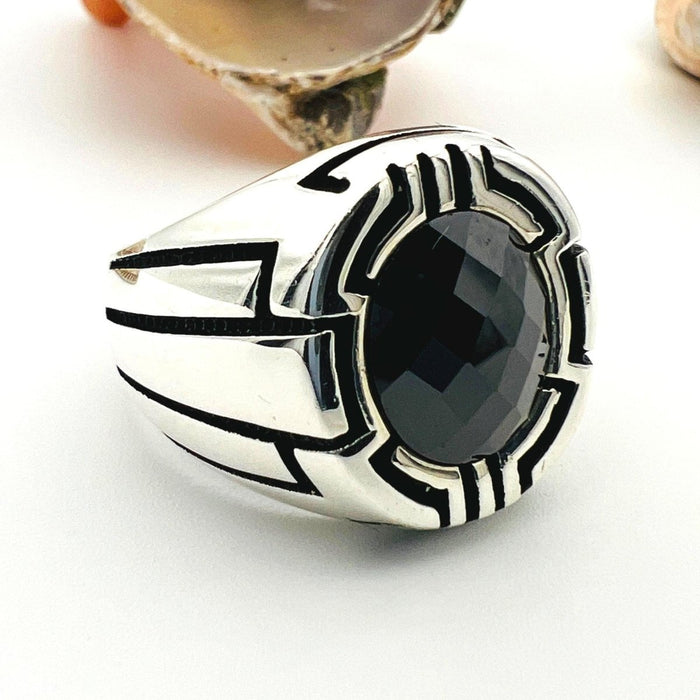 Handmade Turkish Black Onyx Men's Sterling Silver Ring - 925 Artisan Gents Jewelry Gift - TryAladdin