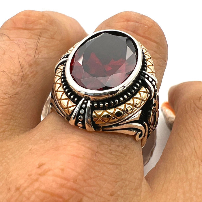 Handmade Turkish Men's 925 Sterling Silver Red Ruby Double Headed Eagle Statement Ring