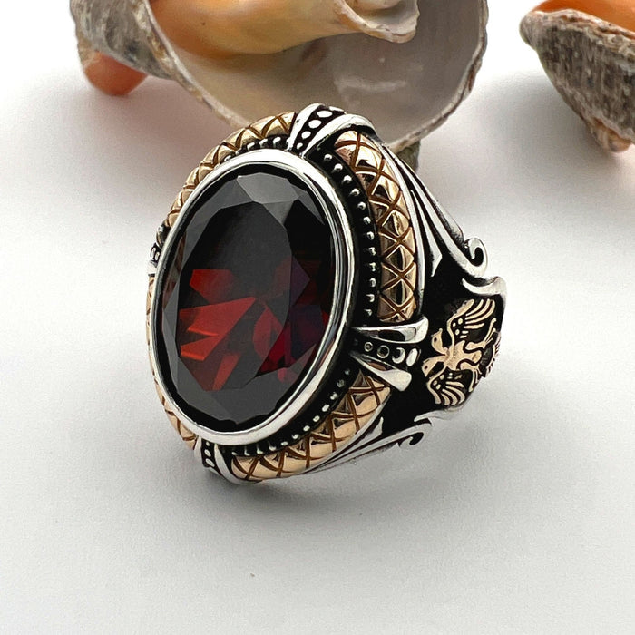 Handmade Turkish Men's 925 Sterling Silver Red Ruby Double Headed Eagle Statement Ring