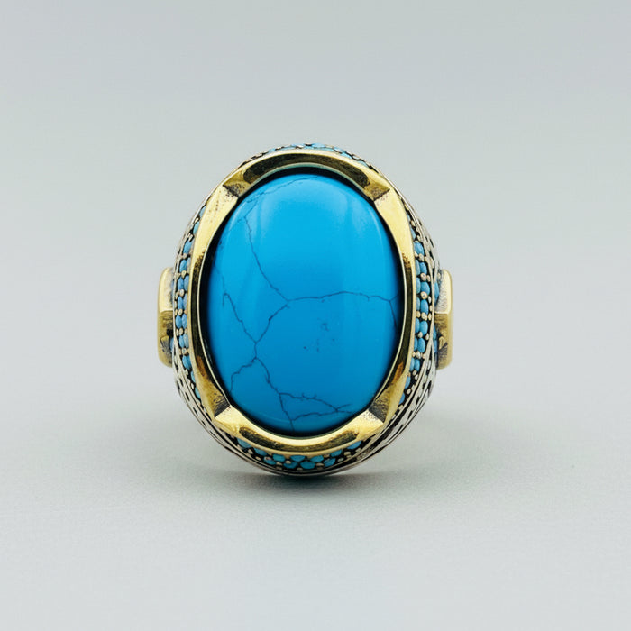 Handmade Turkish Men's Natural Turquoise 925 Sterling Silver Statement Ring