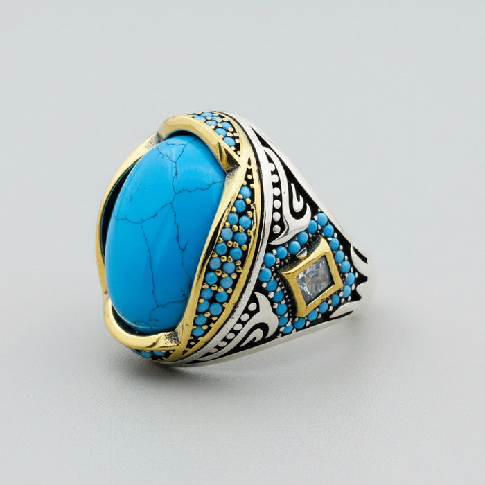 Handmade Turkish Men's Natural Turquoise 925 Sterling Silver Statement Ring