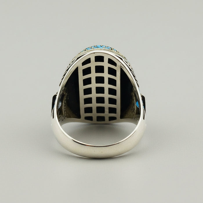 Handmade Turkish Men's Natural Turquoise 925 Sterling Silver Statement Ring