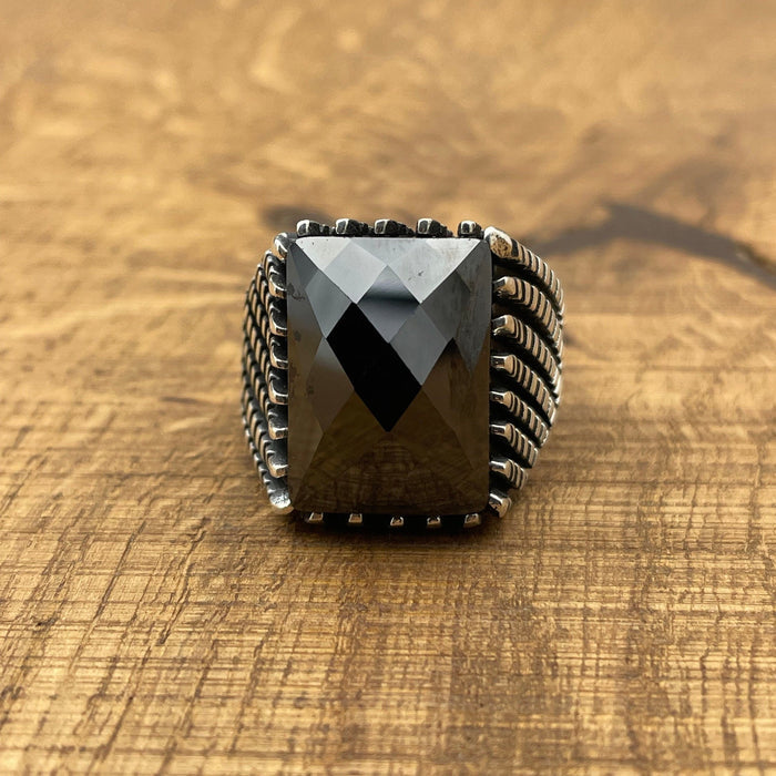 Handmade Turkish Men's Sterling Silver Black Zircon Ottoman Ring