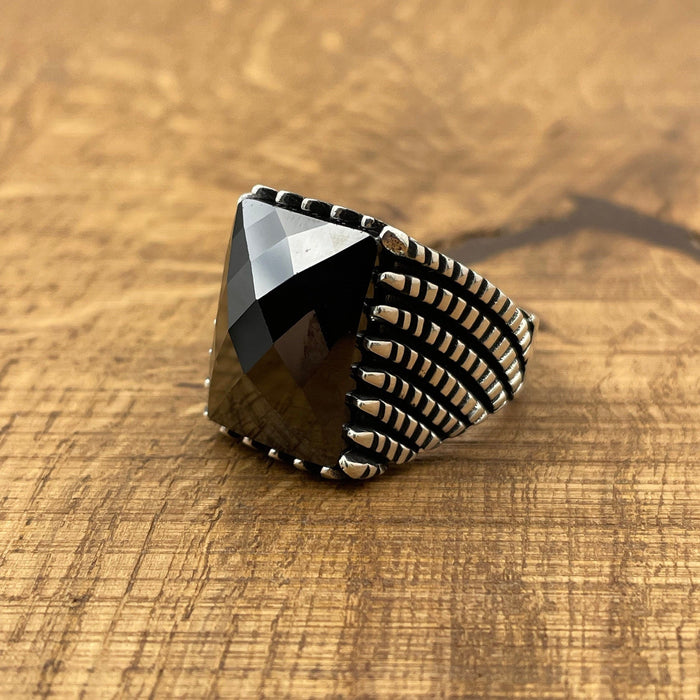 Handmade Turkish Men's Sterling Silver Black Zircon Ottoman Ring