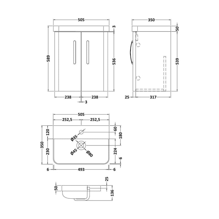 [BCDRW50GR] Handsacre Contemporary 2 Door Wall Hung Vanity Unit with Basin - Choice of Size and Colour - Technical Drawing