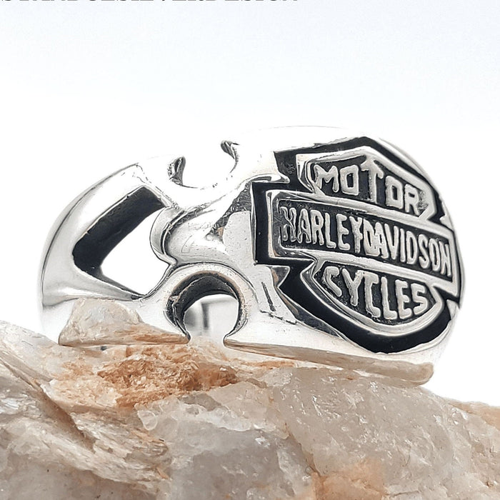 Harley Davidson Biker 925 Sterling Silver Ring - Handmade Motorcycle Statement Jewelry