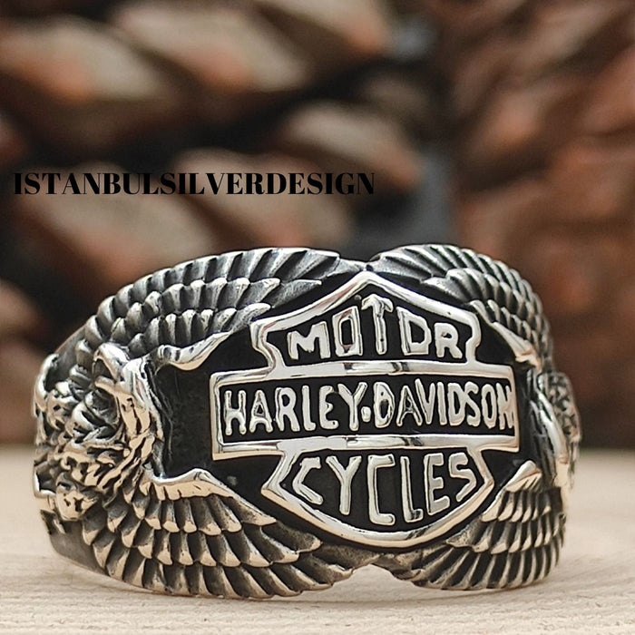Harley Davidson Sterling Silver Biker Ring - Handcrafted Iconic Jewelry Gift