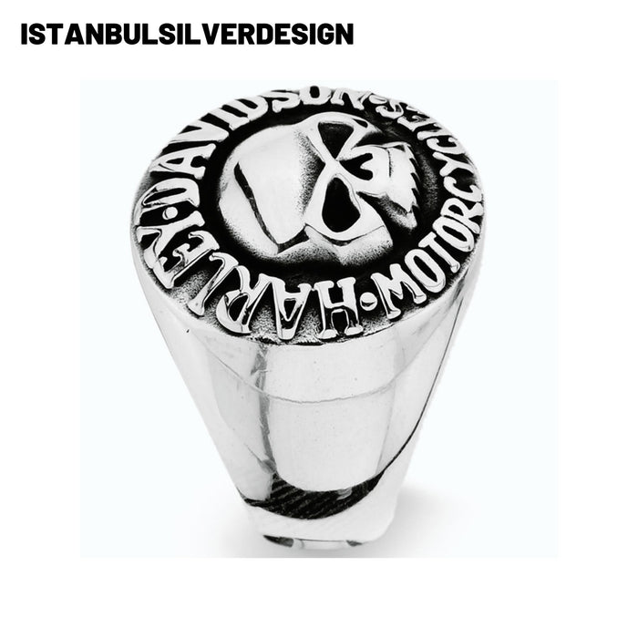 Harley Davidson Sterling Silver Men's Biker Signet Ring - Gift for Motorcycle Enthusiasts