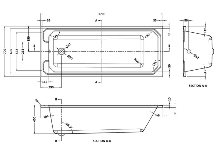 [BBHA109] Harrington Traditional Straight Single Ended Bath Tub, Choice of Size - Line Drawing