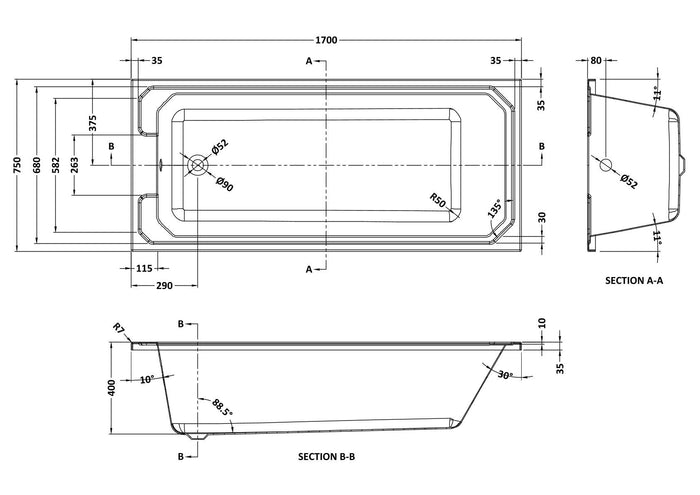[BBHA110] Harrington Traditional Straight Single Ended Bath Tub, Choice of Size - Line Drawing