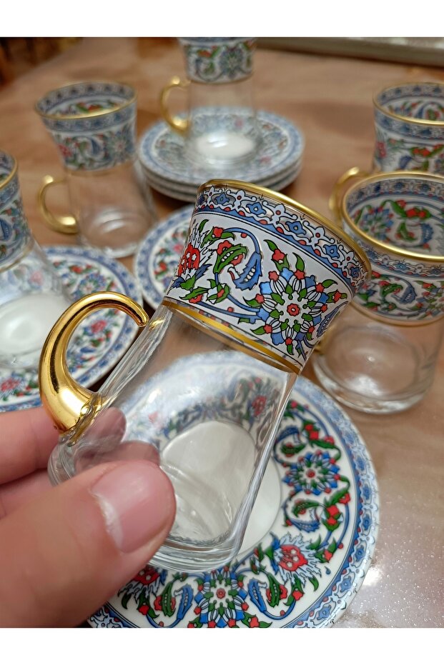 Heat-Resistant Glass Tea Set - Ottoman Floral & Gold-Handled
