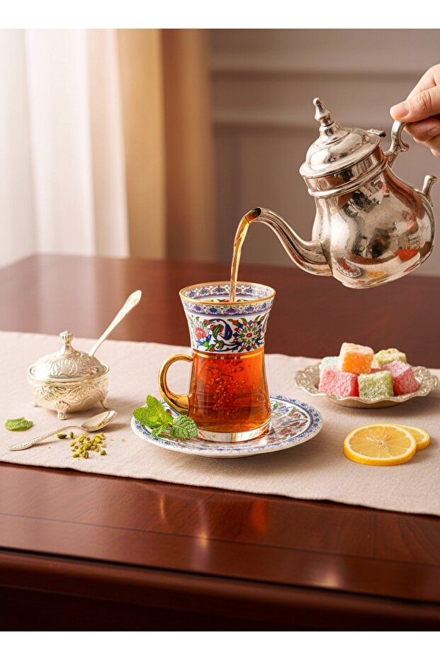 Heat-Resistant Glass Tea Set - Ottoman Floral & Gold-Handled