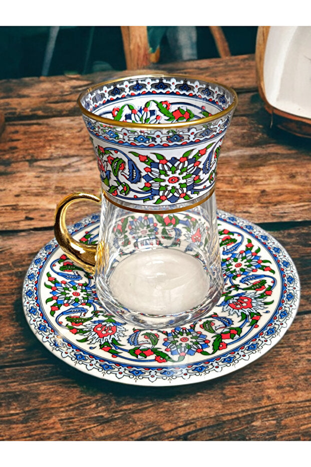 Heat-Resistant Glass Tea Set - Ottoman Floral & Gold-Handled