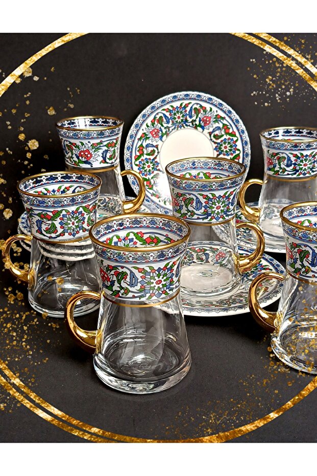 Heat-Resistant Glass Tea Set - Ottoman Floral & Gold-Handled