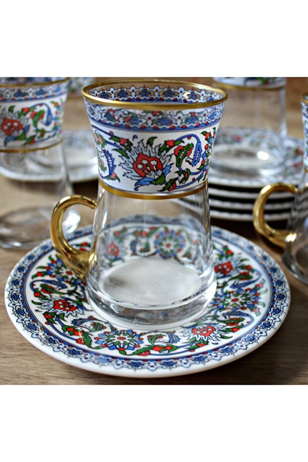 Heat-Resistant Glass Tea Set - Ottoman Floral & Gold-Handled