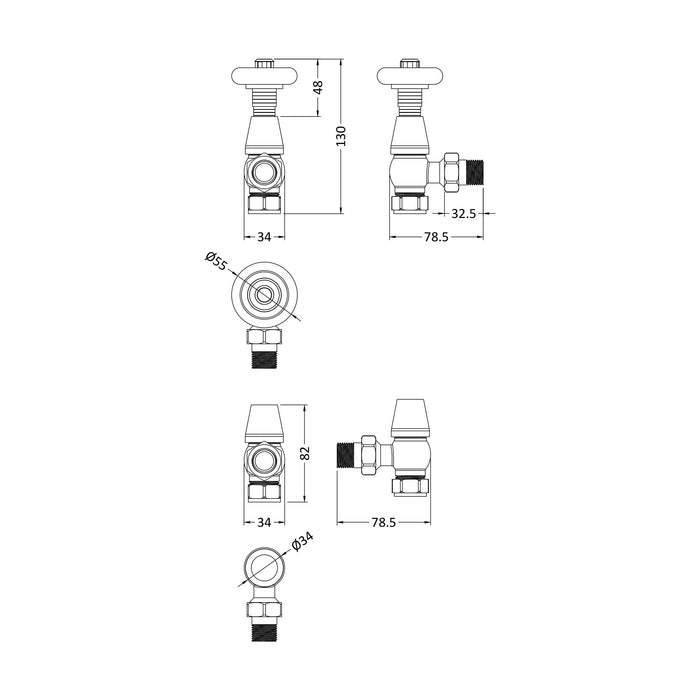 [BHRV202] Heating Accessories Camden Angled Thermostatic Valve, Chrome - Technical Drawing