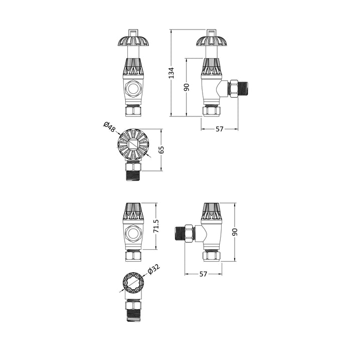 [BHRV006] Heating Accessories Thermostatic Radiator Valve Pack, Antique Brass - Technical Drawing