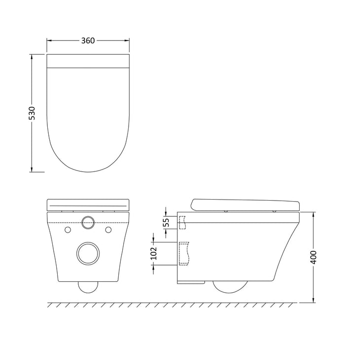 [BCMI027] Hopwas Contemporary Round Wall Hung Toilet Pan and Soft Close Seat, 445 x 360 x 530mm - Technical Drawing