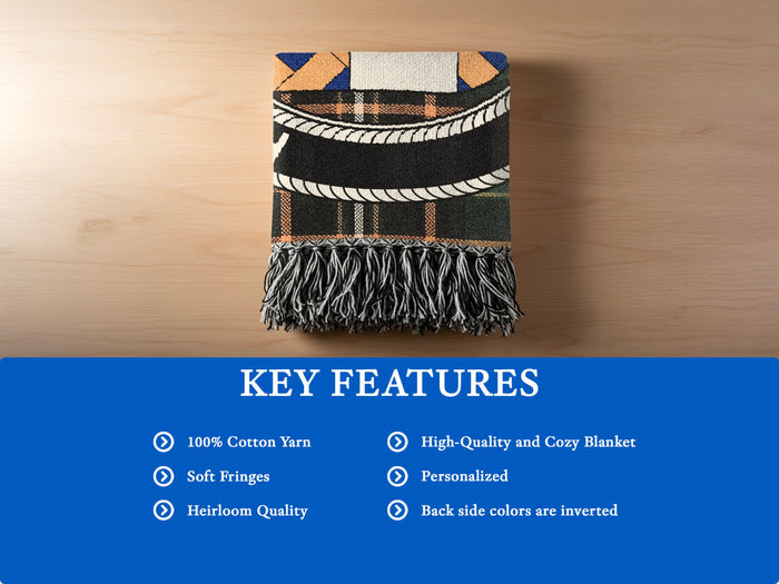 House of MacCann woven blanket features chart showing cotton yarn, fringe and reversed colors on the back