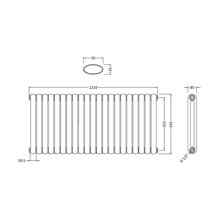 [BHAS003] Huddlesford Horizontal Double Panel Radiator, Choice of Size and Colour - Technical Drawing