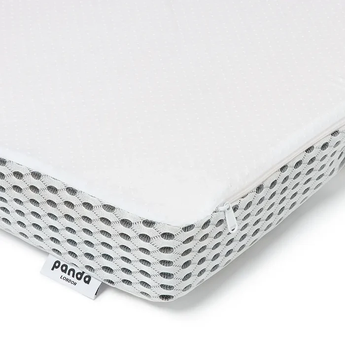 [HybridTopperCover] 
Panda London Hybrid Bamboo Topper Cover corner, showing the quilted white top surface and grey breathable honeycomb mesh side panel with a zip closure