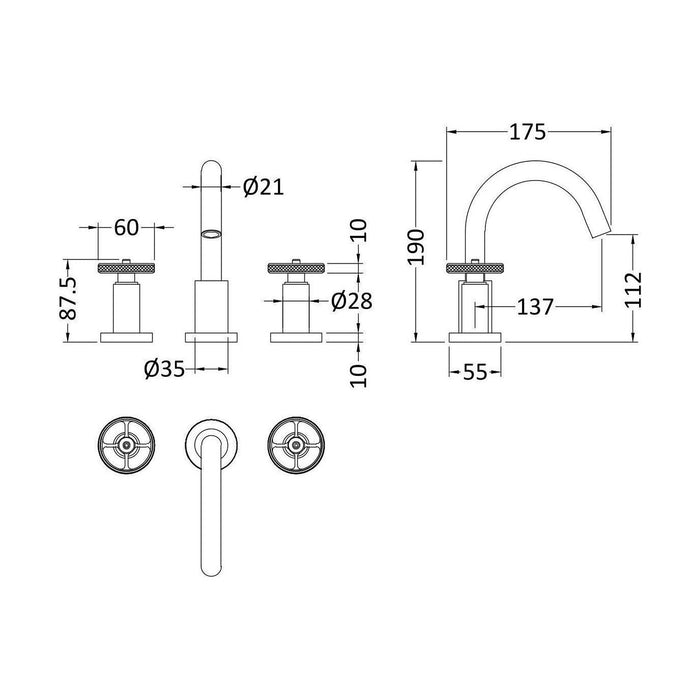 [BTIW337] Industrial 3TH Basin Mixer Inc PUW - Technical Drawing