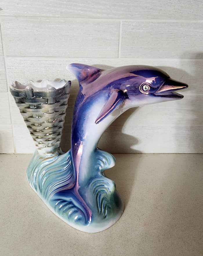 Iridescent Lusterware Ceramic Dolphin & Basket Planter/Vase Figurine
