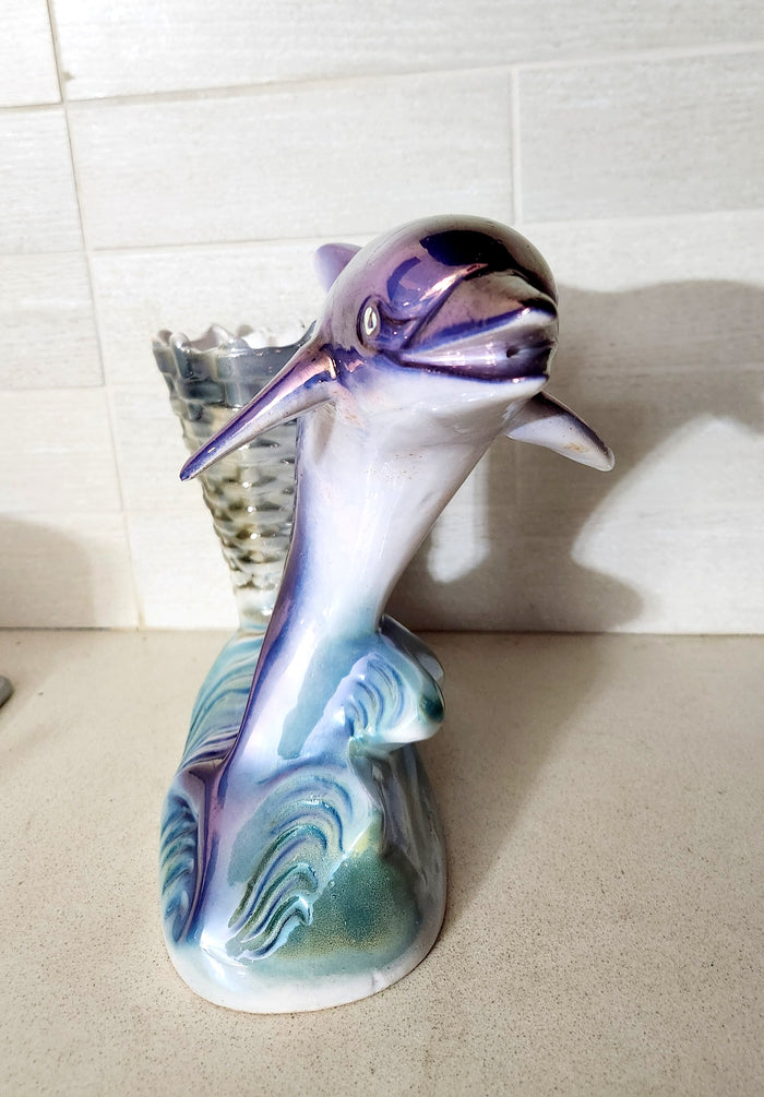 Iridescent Lusterware Ceramic Dolphin & Basket Planter/Vase Figurine