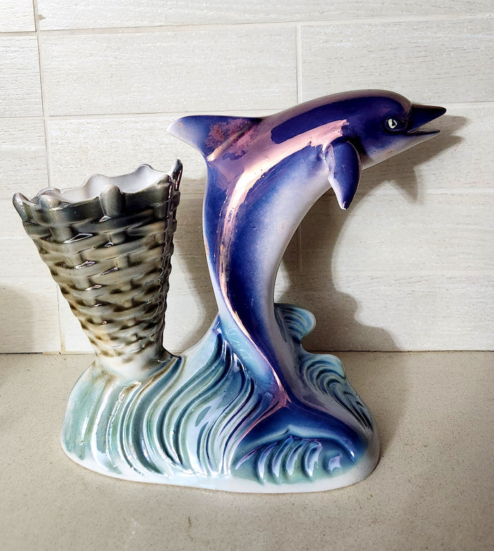 Iridescent Lusterware Ceramic Dolphin & Basket Planter/Vase Figurine