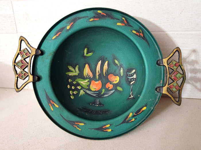 Israeli Judaica Metal Pedestal Hand Painted Fruit Bowl