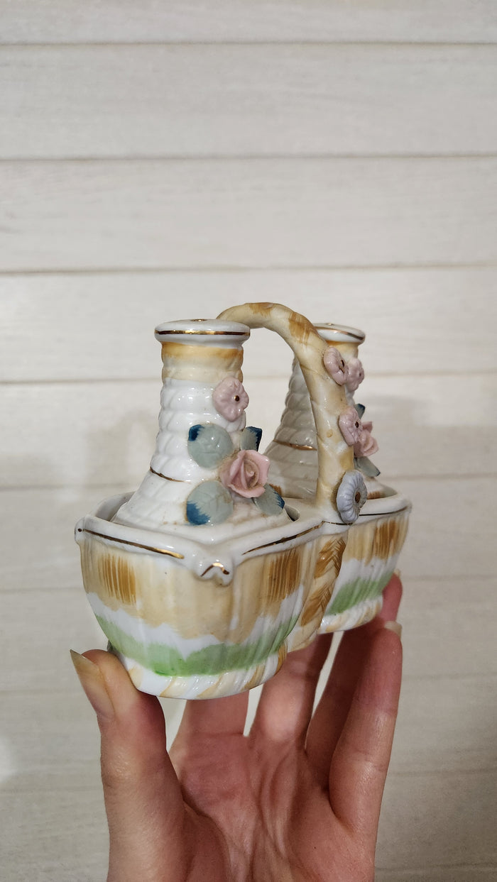 Japan Porcelain Rose Basket Salt & Pepper Shakers Set