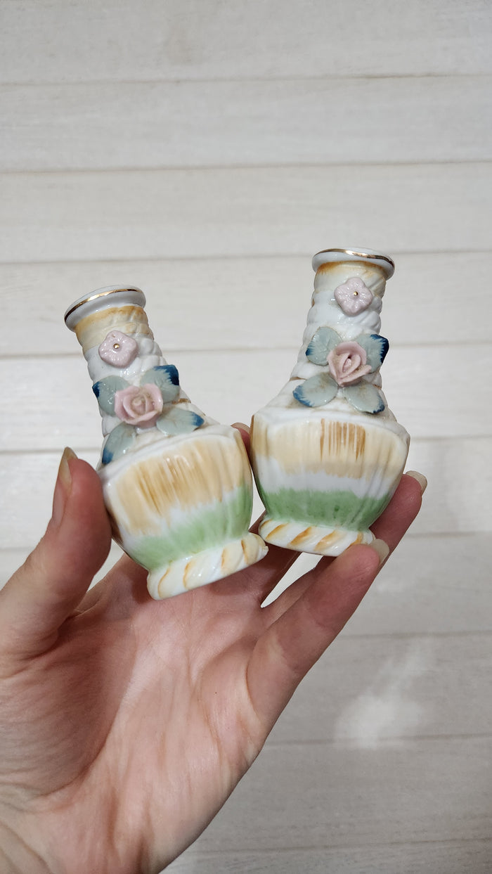 Japan Porcelain Rose Basket Salt & Pepper Shakers Set
