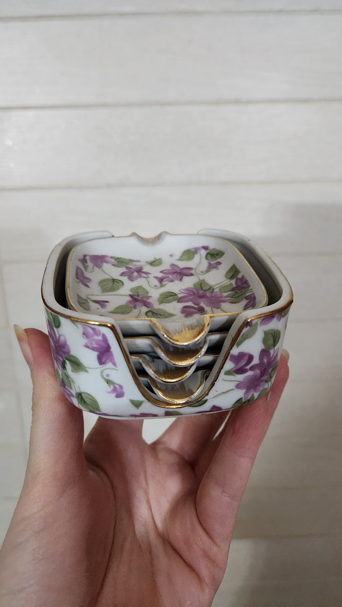 Japanese Porcelain Individual Ashtray Set with Holder - Purple Violets & Gold Trim