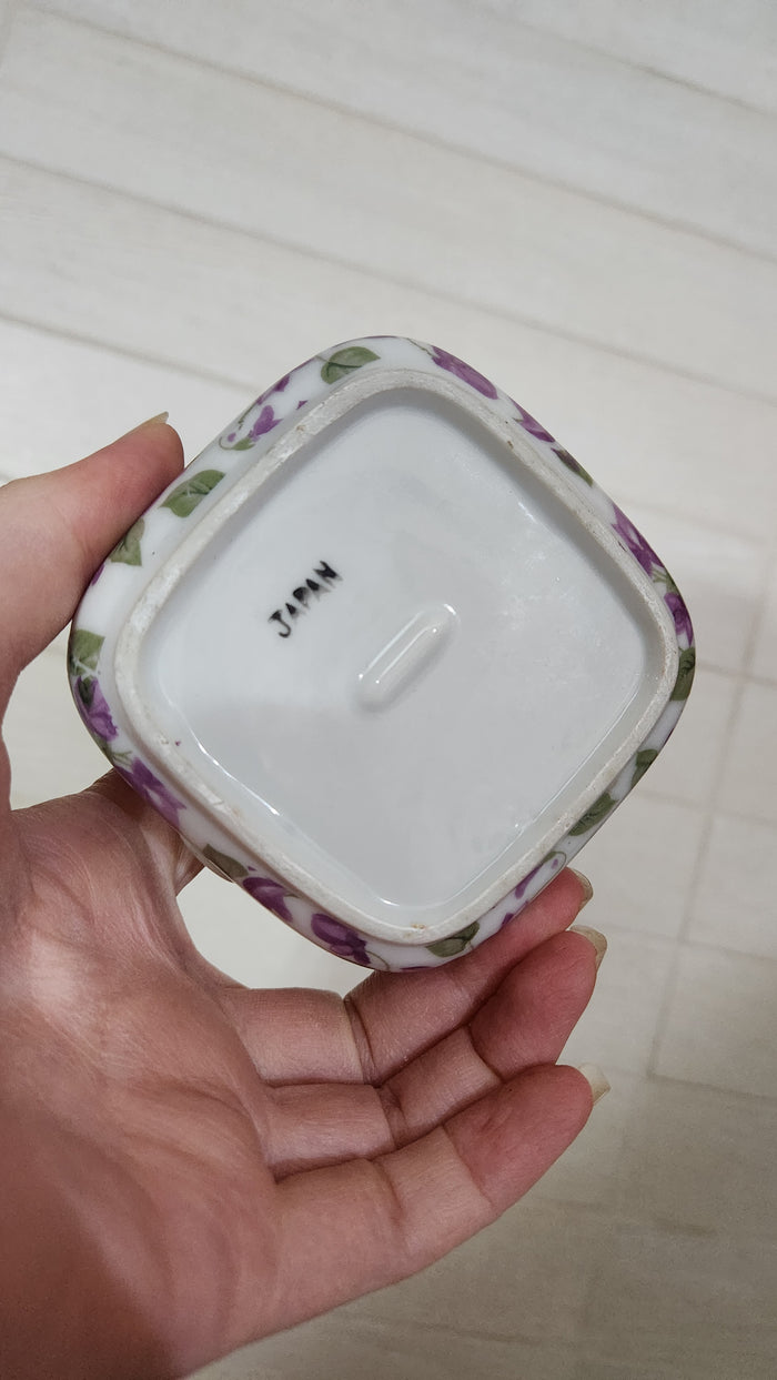 Japanese Porcelain Individual Ashtray Set with Holder - Purple Violets & Gold Trim