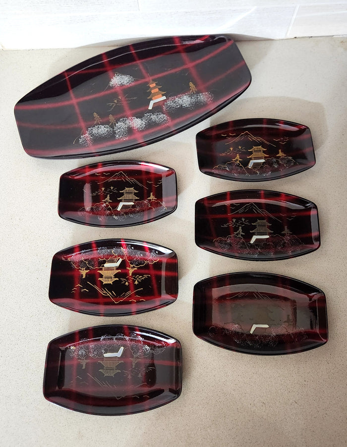 Japanese Red & Black Lacquered Tartan Plaid Tray Set