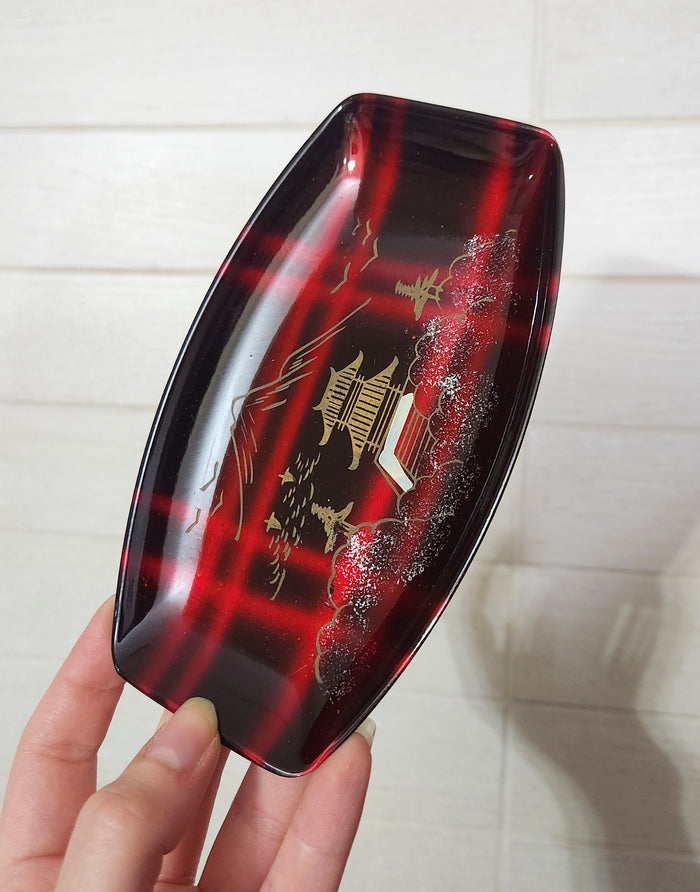 Japanese Red & Black Lacquered Tartan Plaid Tray Set