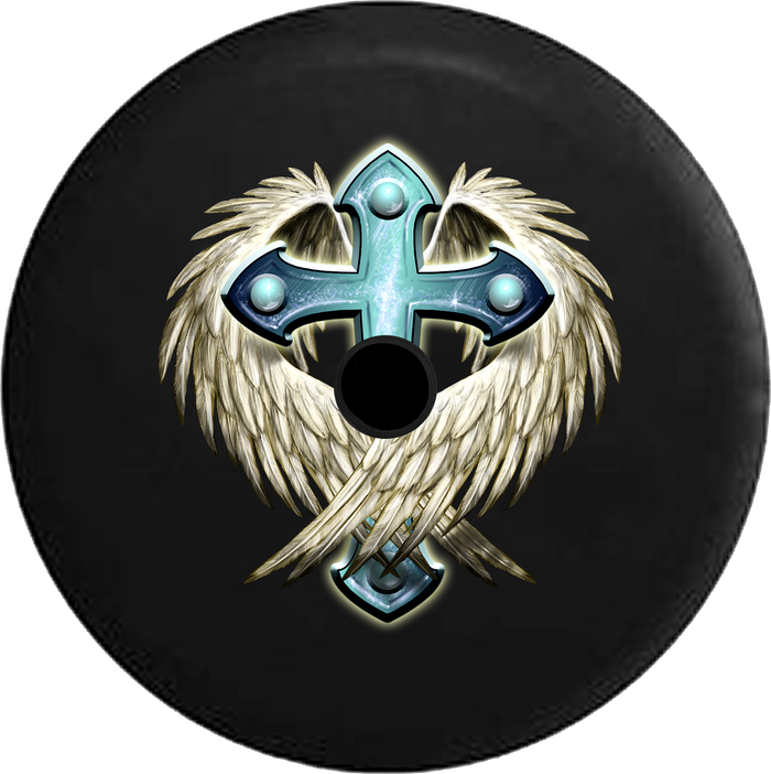 Jeep Wrangler JL Backup Camera Day Angel Wings Metal Cross Jesus Bible Christian RV Camper Spare Tire Cover-35 inch