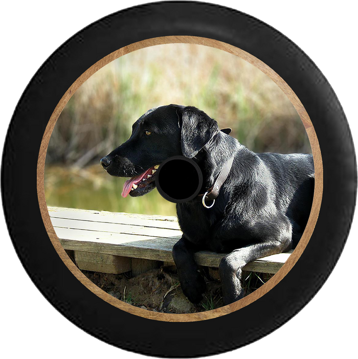 Jeep Wrangler JL Backup Camera Black Lab Retriever Hunting Dog on the Dock Jeep Camper Spare Tire Cover 35 inch R177